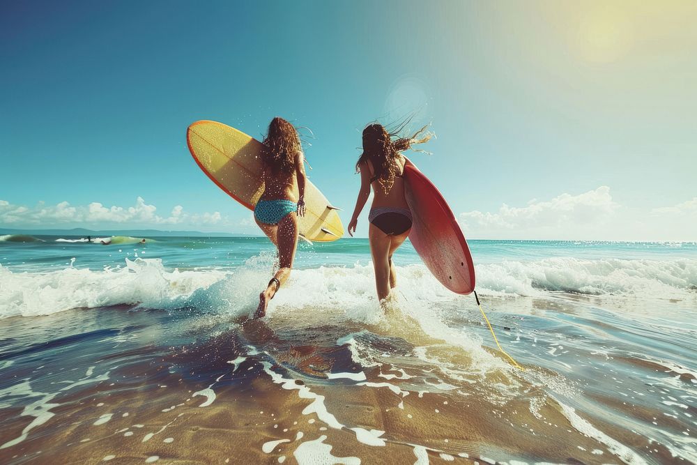 Two young ladies surfers running into the sea outdoors recreation vacation.