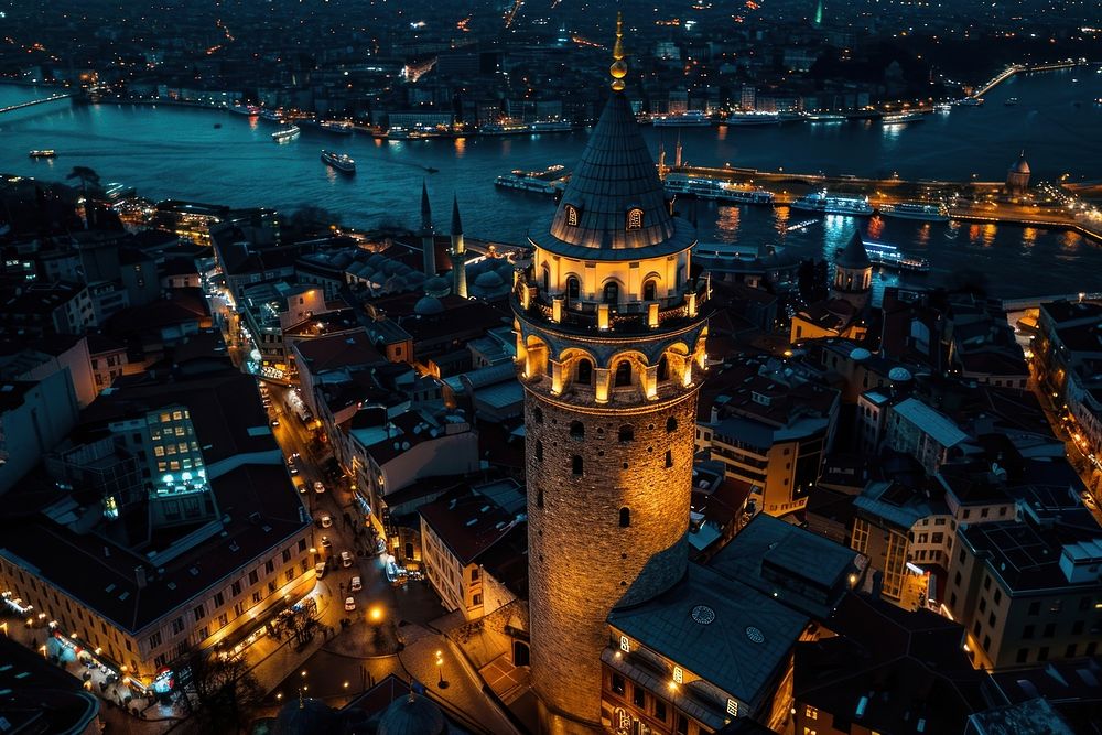 Galata tower in istanbul transportation architecture aerial view.