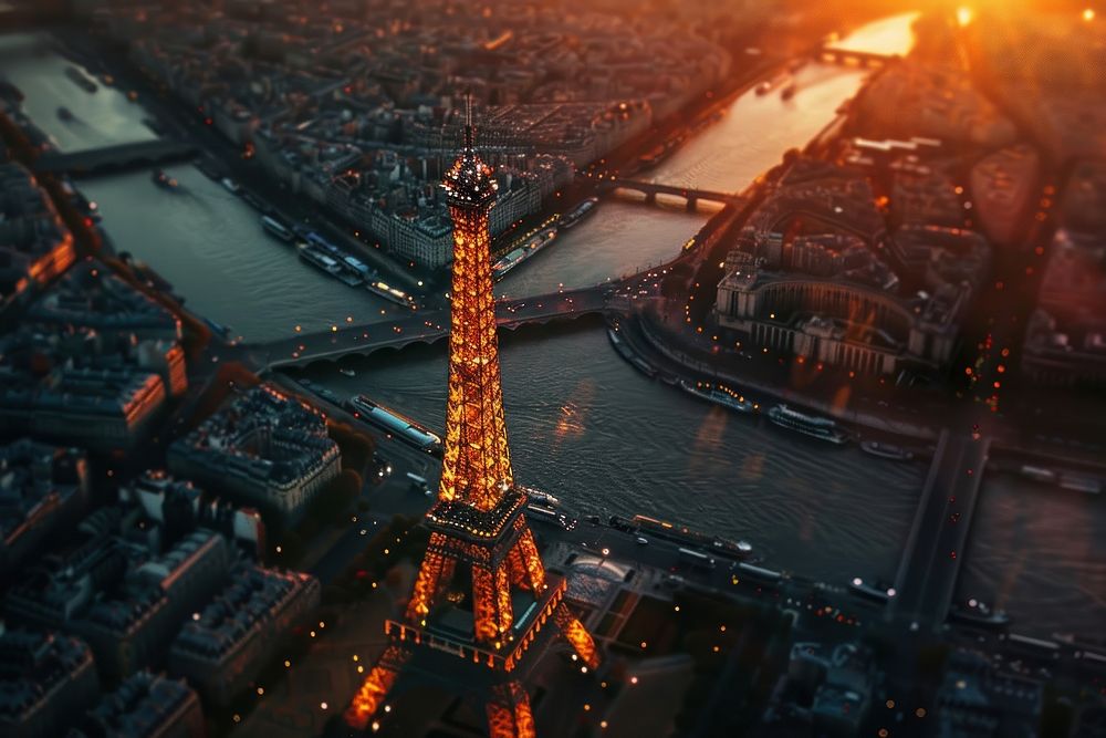 Eiffel tower during sunset architecture aerial view cityscape.