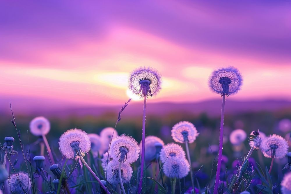 Dandelions at dawn purple sky outdoors.