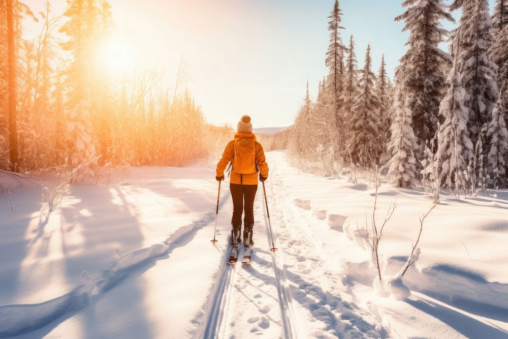 Woman cross-country skiing in snow recreation footwear outdoors.