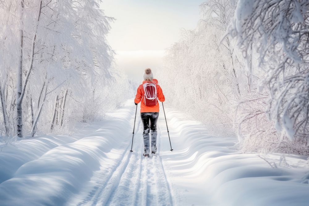 Woman cross-country skiing in snow recreation outdoors walking.
