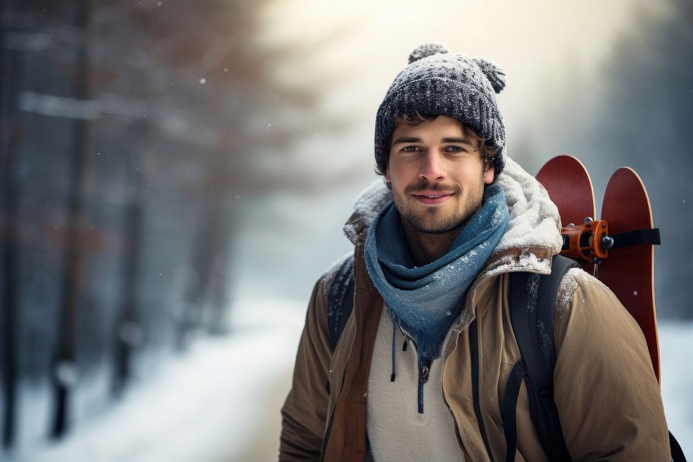 Man carrying snowboard portrait outdoors winter.
