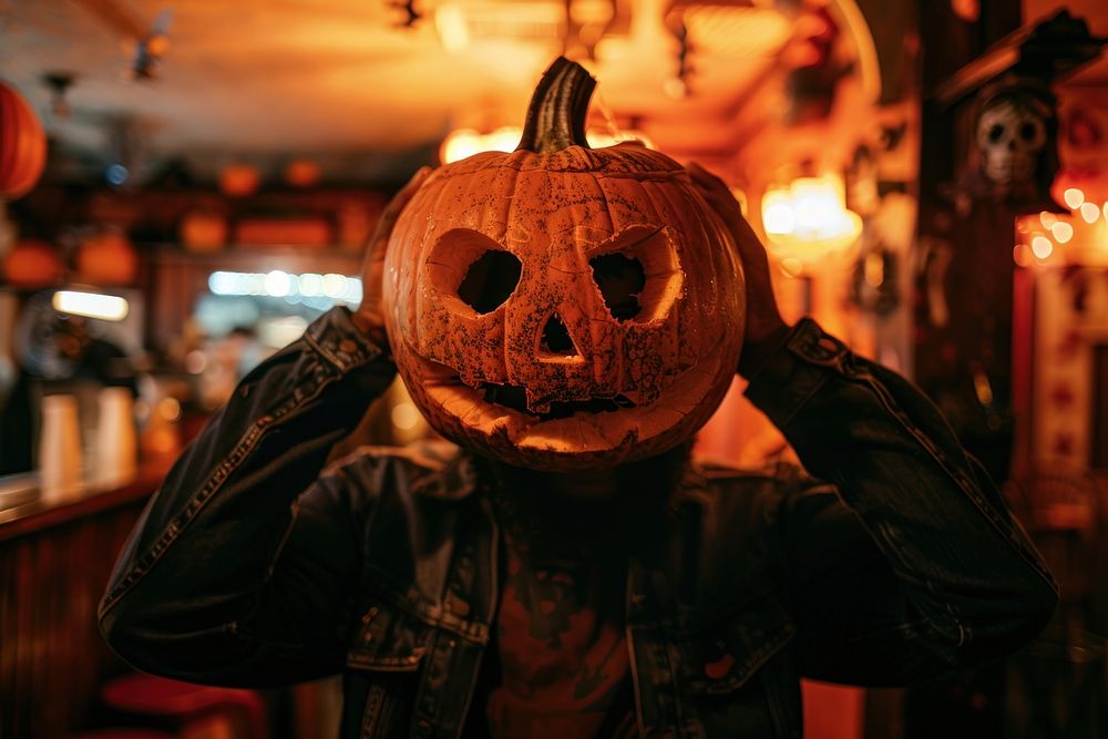 Man holding a pumpkin halloween jack-o-lantern festival.