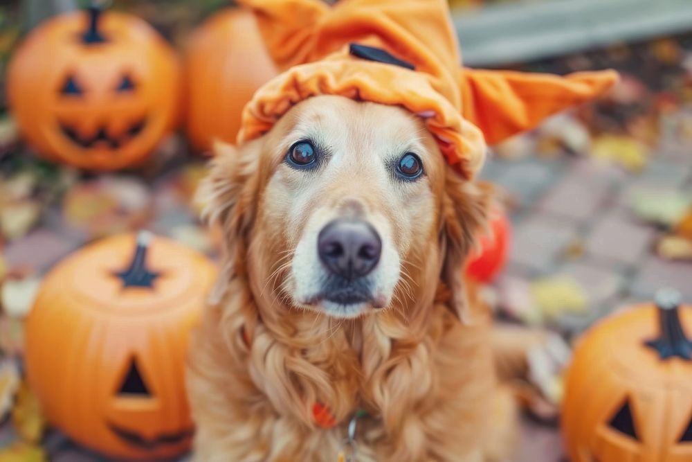 Dog dressed in halloween costume jack-o-lantern festival animal.