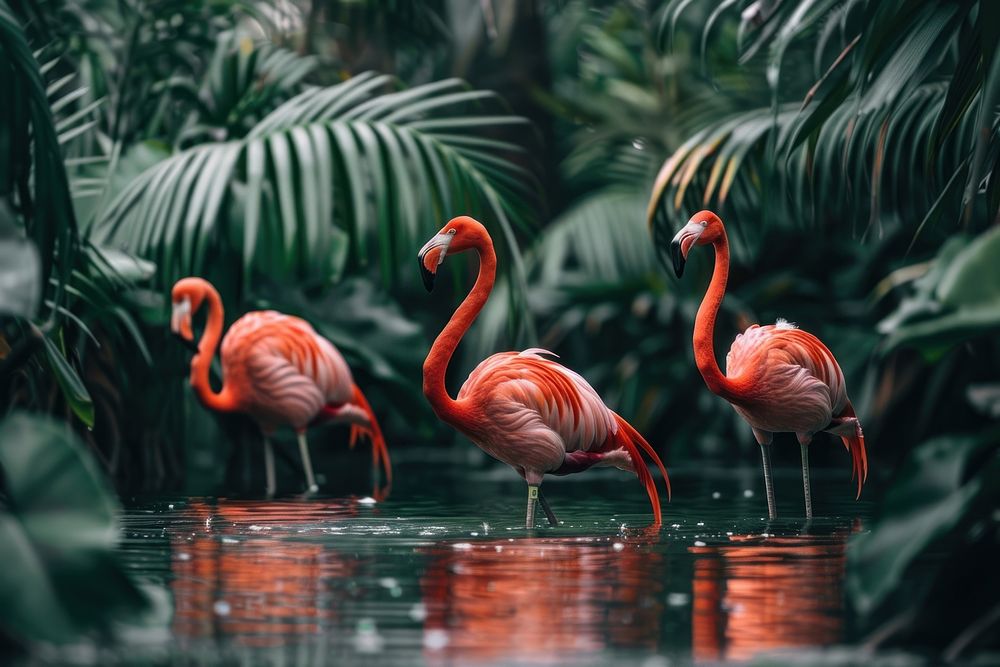 Flamingos standing in water animal bird zoo.