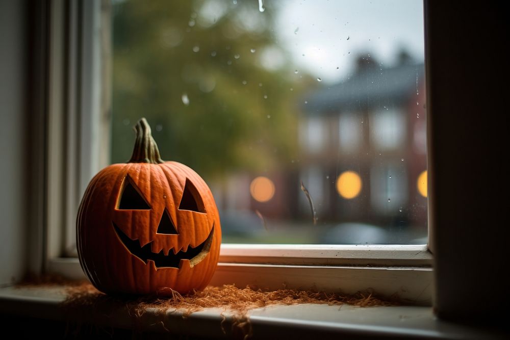 Pumpkin on house windowsill halloween jack-o-lantern festival.