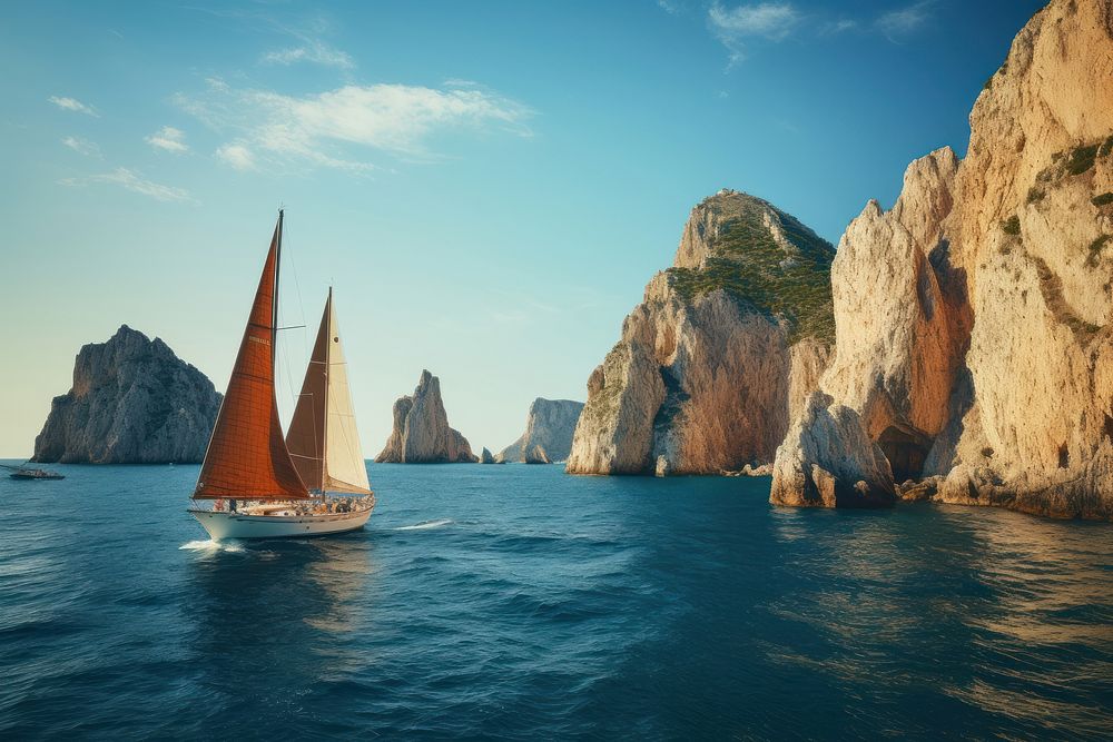 Boat sailing in capri transportation recreation landscape.