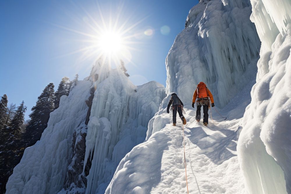 Couple ice climbing recreation adventure backpack.