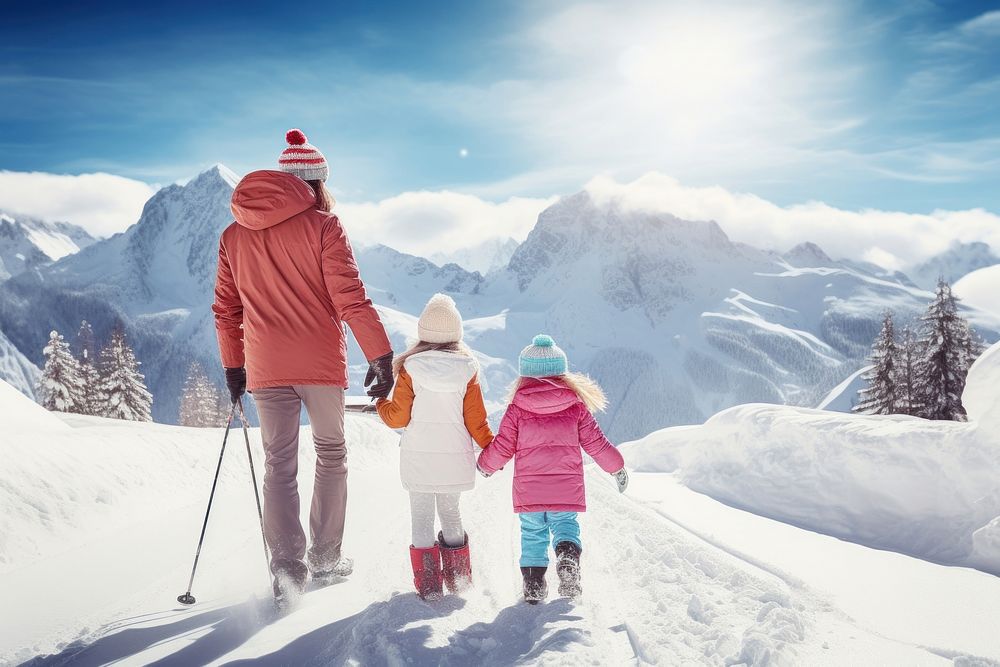 Family enjoying skiing footwear outdoors walking.