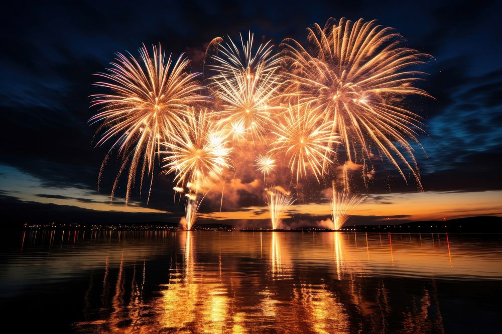 Gold firework display fireworks water waterfront.