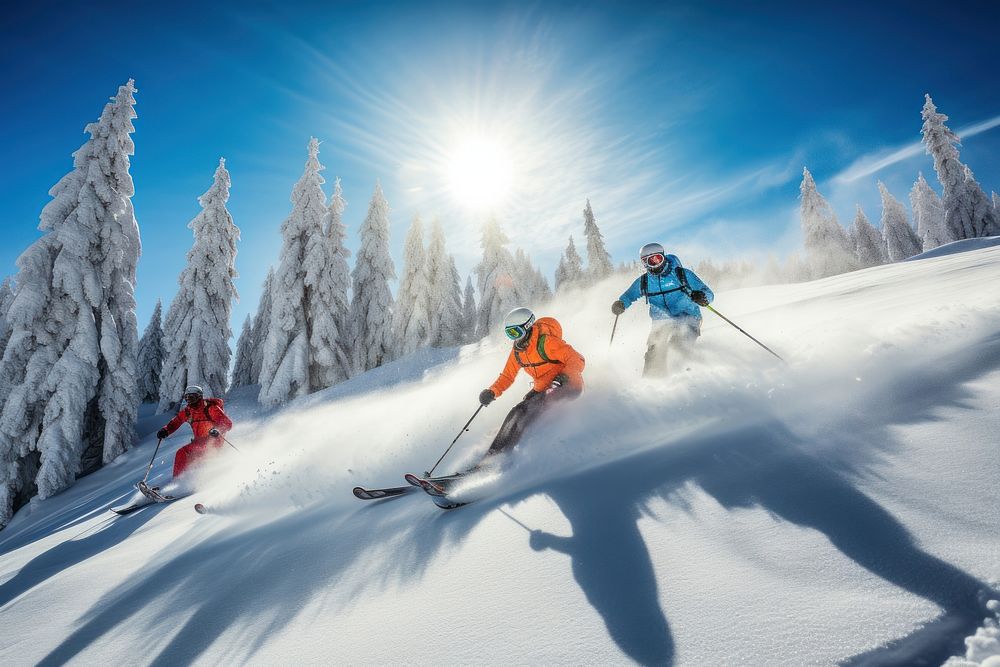 Group skiing recreation outdoors nature.