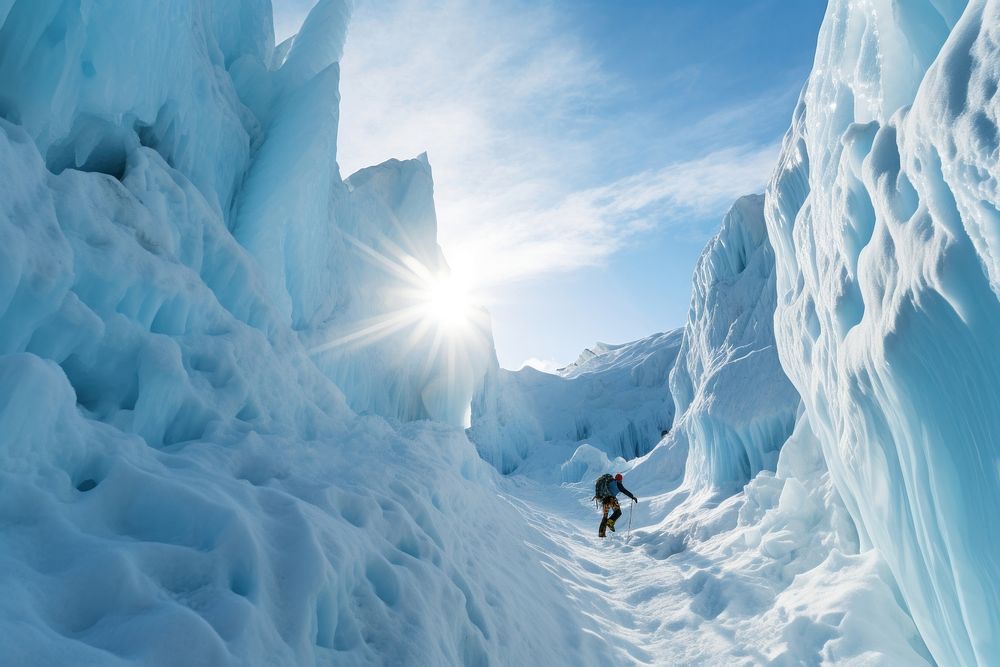 Ice climber climbing mountain outdoors backpack.