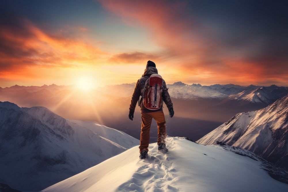 Man carrying snowboard mountain adventure outdoors.