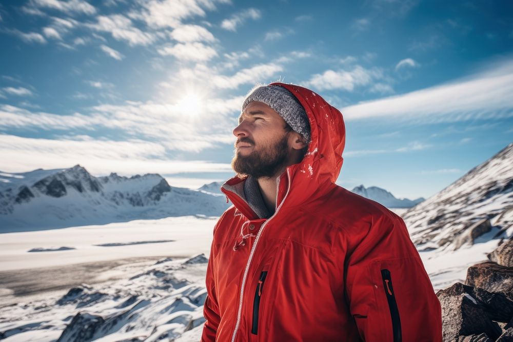 Man with sky snow mountain portrait.