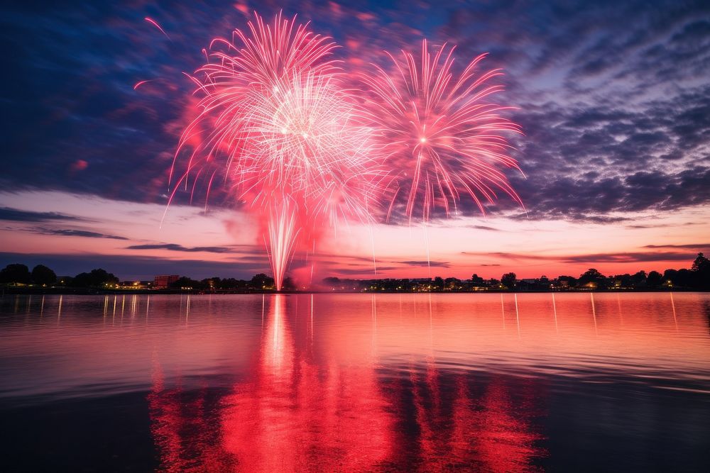 Red firework display fireworks water waterfront.