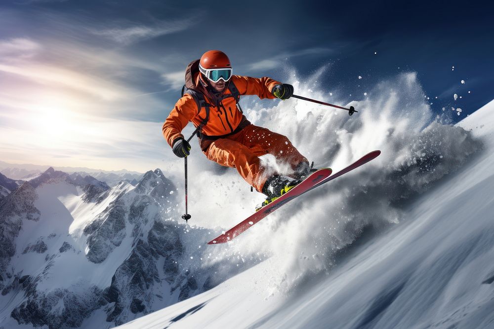 Skier jumping snow recreation outdoors.