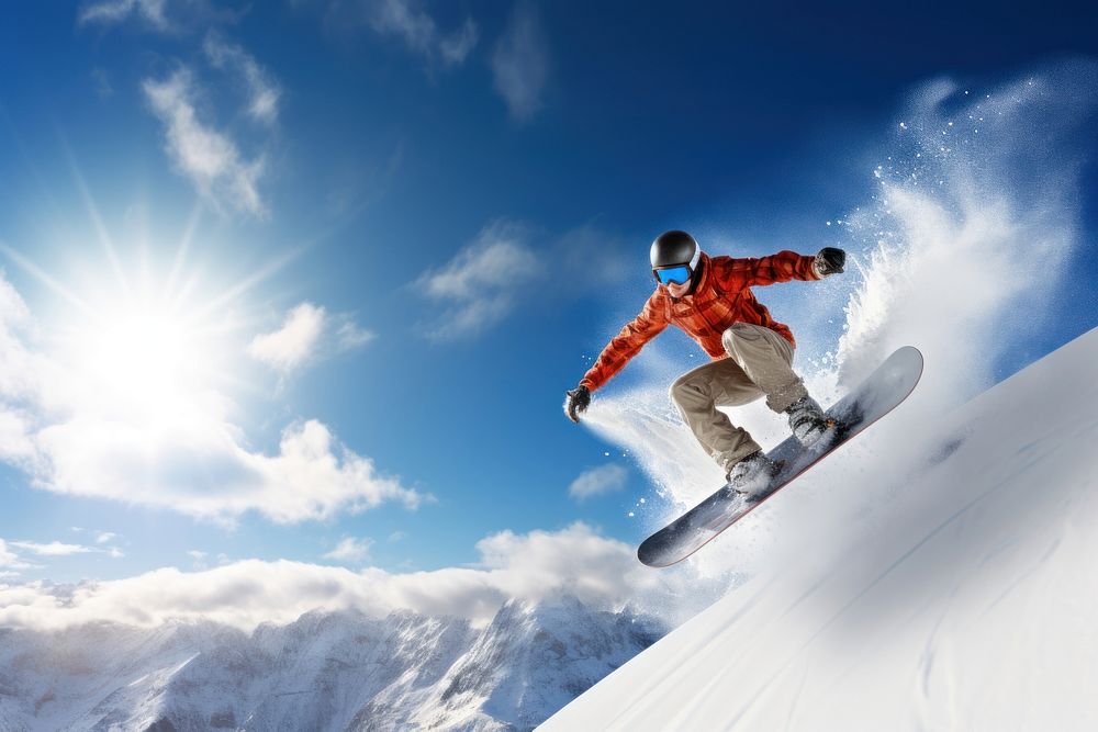 Snowboarder jumping snowboarding recreation adventure.