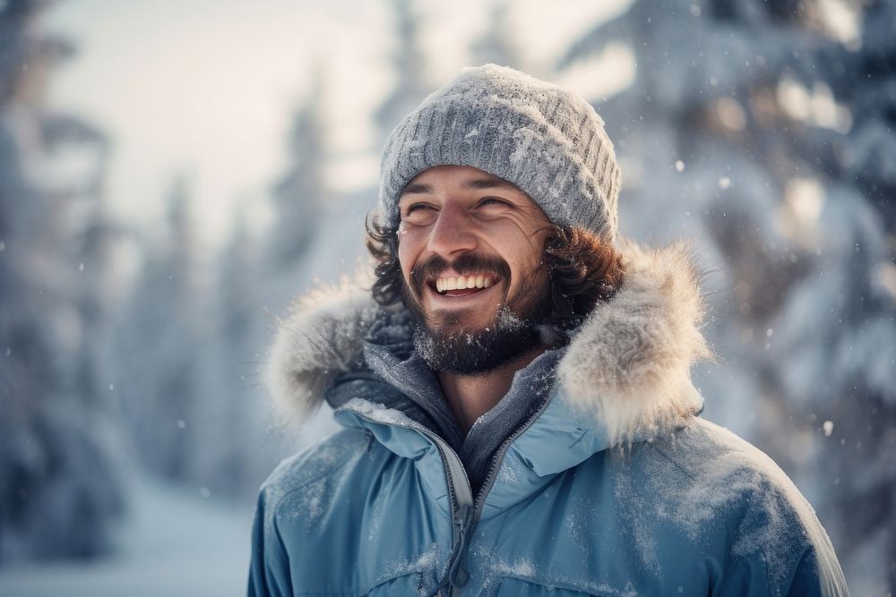 Smiling man in skywear in winter forest laughing outdoors nature.