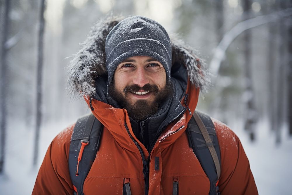 Smiling man in skywear in winter forest portrait outdoors jacket.