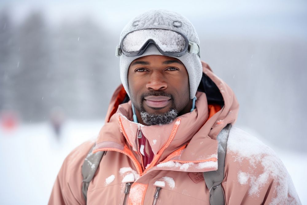 African american man in winter sports clothes portrait snow outdoors.