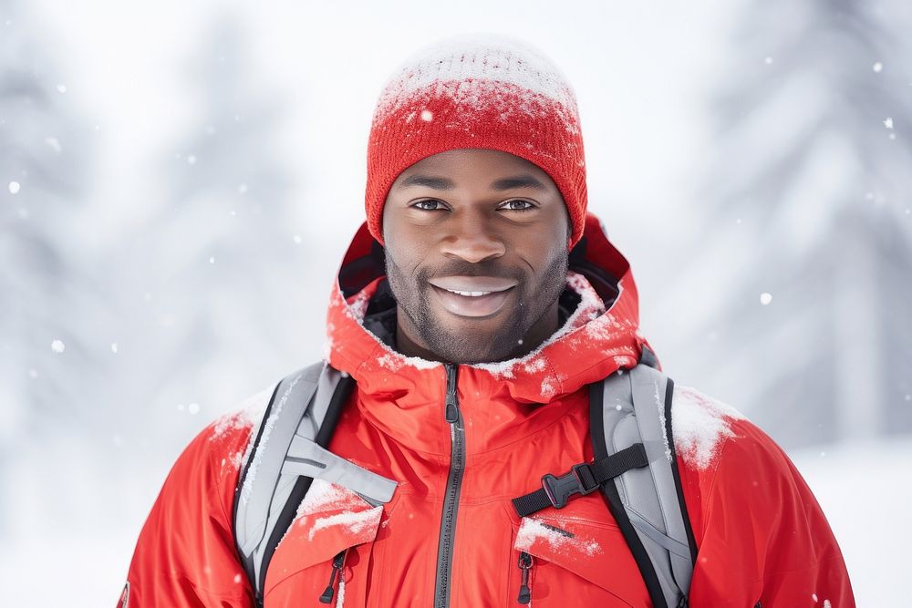 African american man in winter sports clothes portrait snow outdoors.