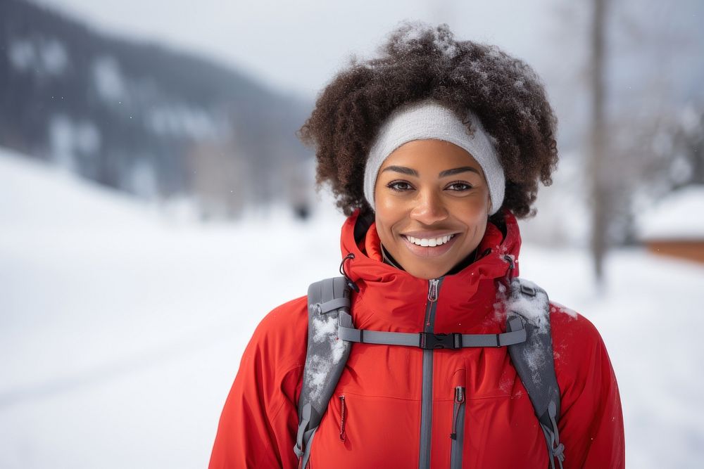 African american woman in winter sports clothes portrait snow outdoors.