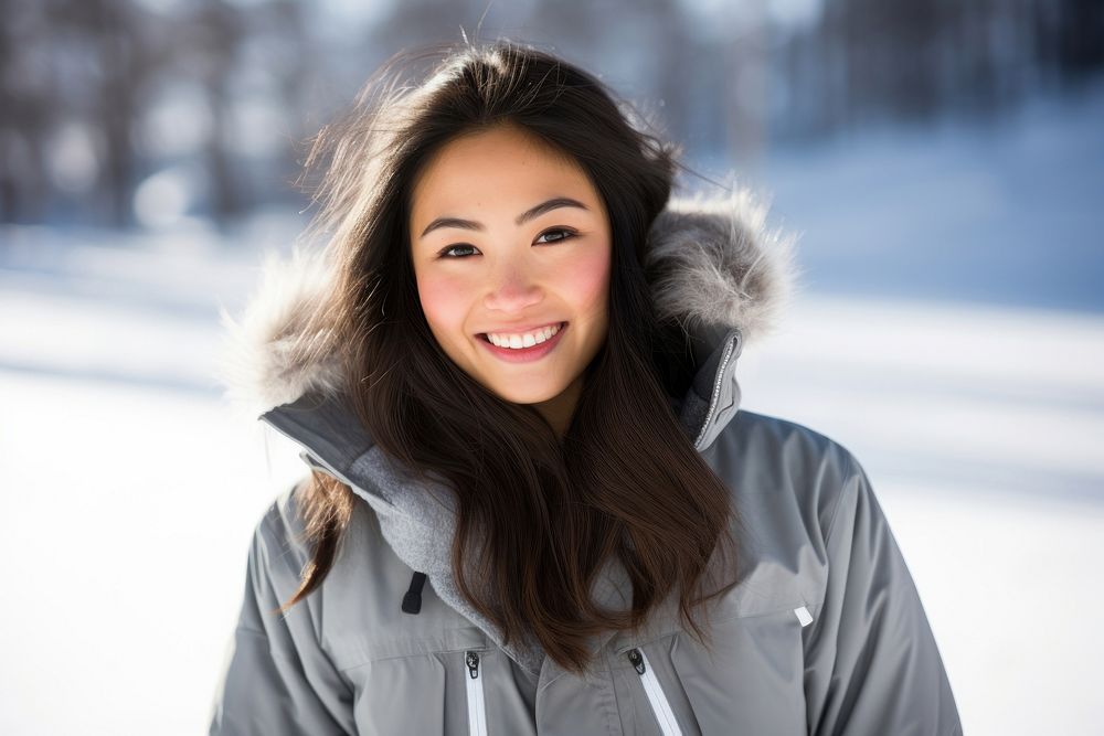 Asian american woman portrait jacket winter.