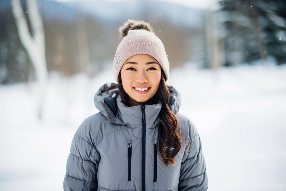 Asian american woman snow portrait outdoors.