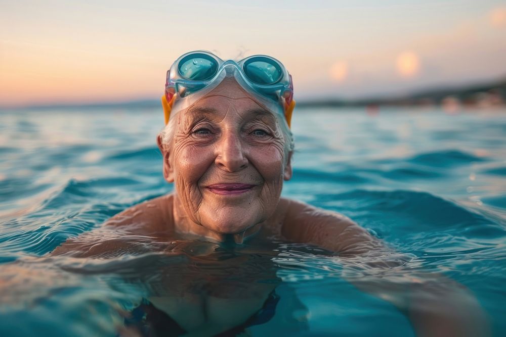 Senior woman swimmer happy accessories recreation.