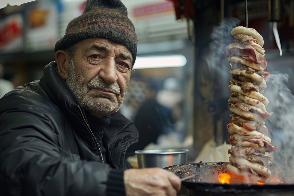 Kebab vendor grilling cooking person.