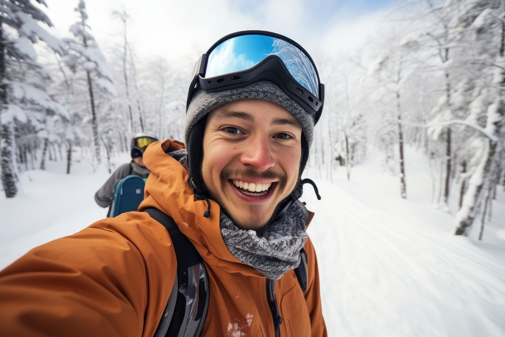 Smiling snowboarder traveling through snow portrait recreation adventure.