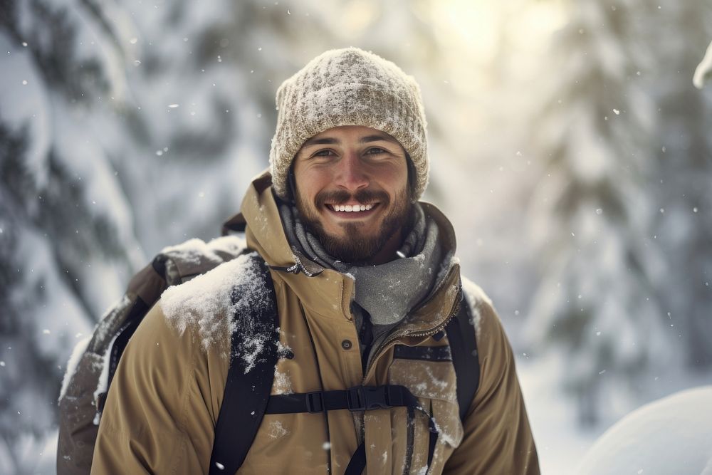 Smiling snowboarder traveling through snow portrait outdoors nature.