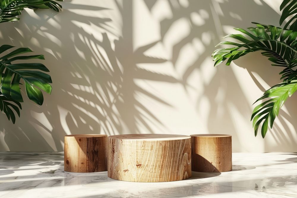 Wood podium with tropical leaves cookware indoors planter.