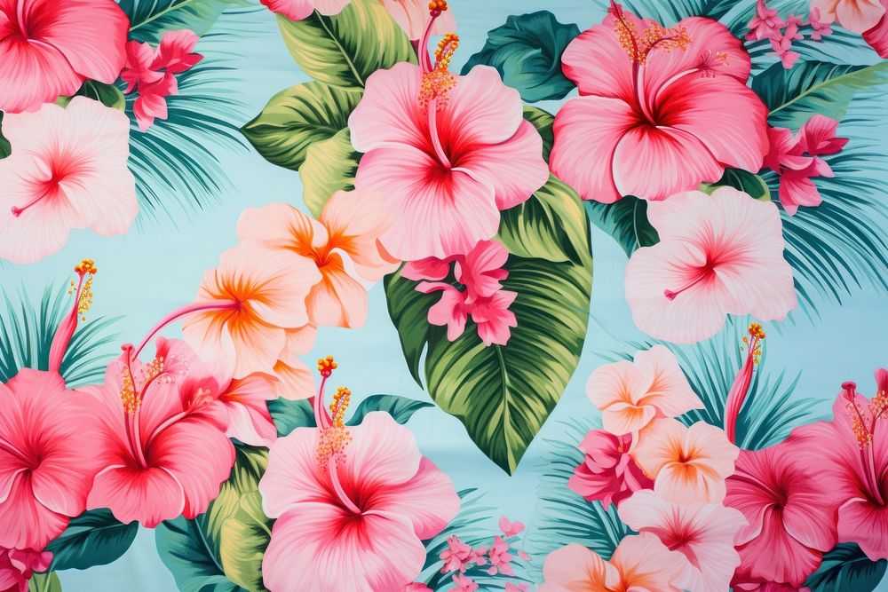 Textile hawaii pattern fabric hibiscus blossom flower.