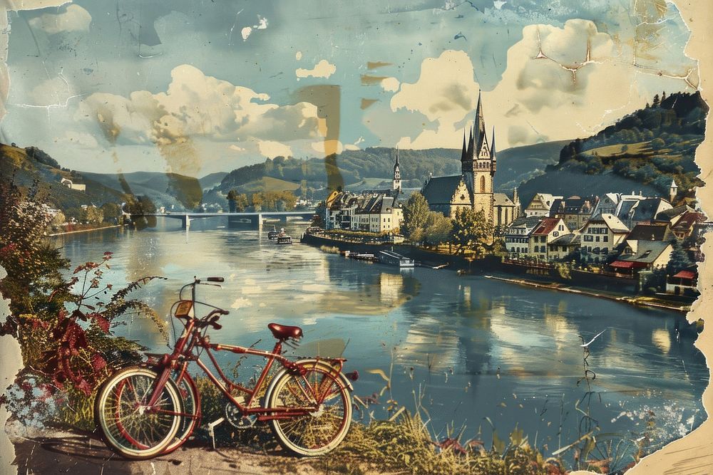 Landscape painting outdoors bicycle.