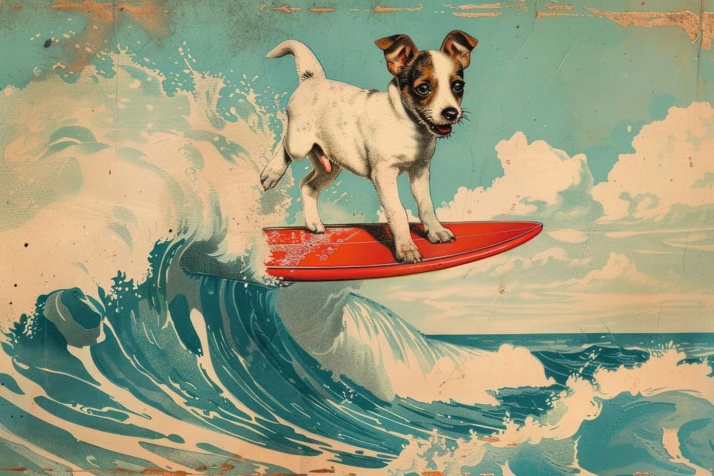 Dog surfboard surfing animal.