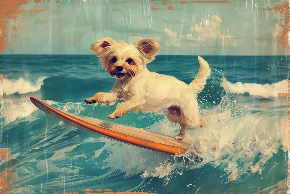 Surfing dog surfboard outdoors.