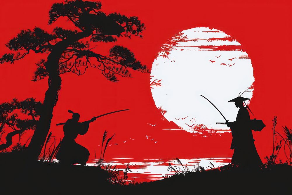 Samurai scene silhouette weaponry outdoors.