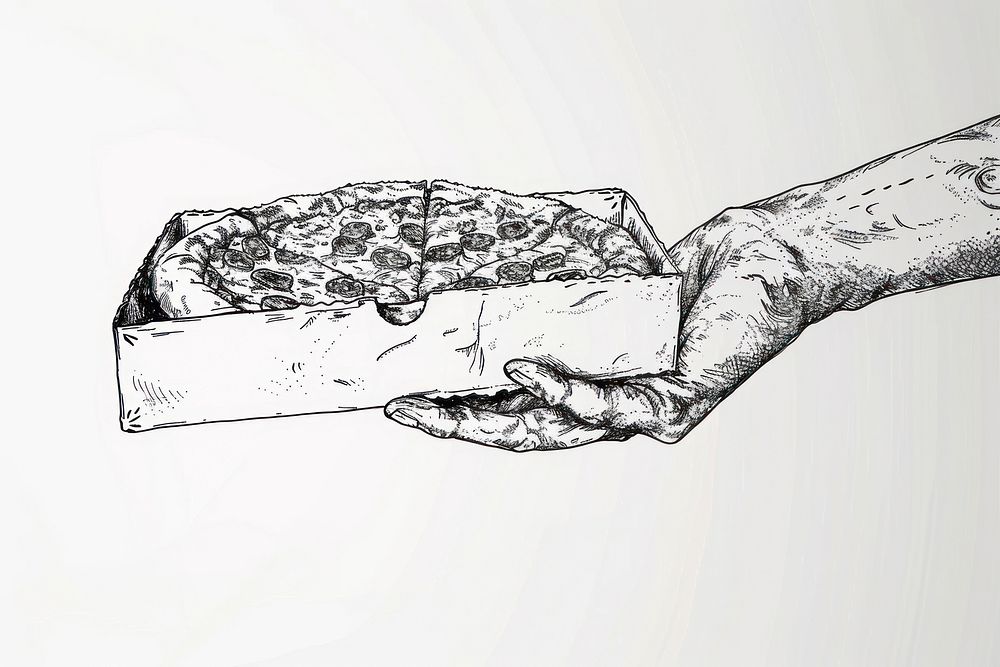 Hand holding pizza box drawing art illustrated.