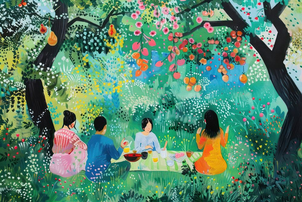People picnic in garden recreation painting female.