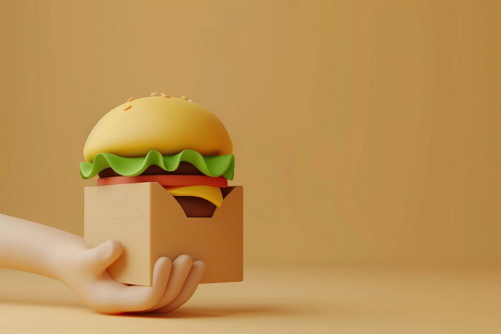 Hand holding food delivery cardboard person burger.