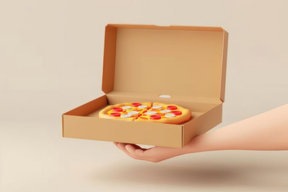 Hand holding pizza box delivery confectionery sweets food.