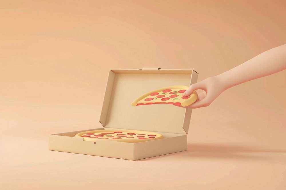 Hand holding pizza box clothing apparel hosiery.
