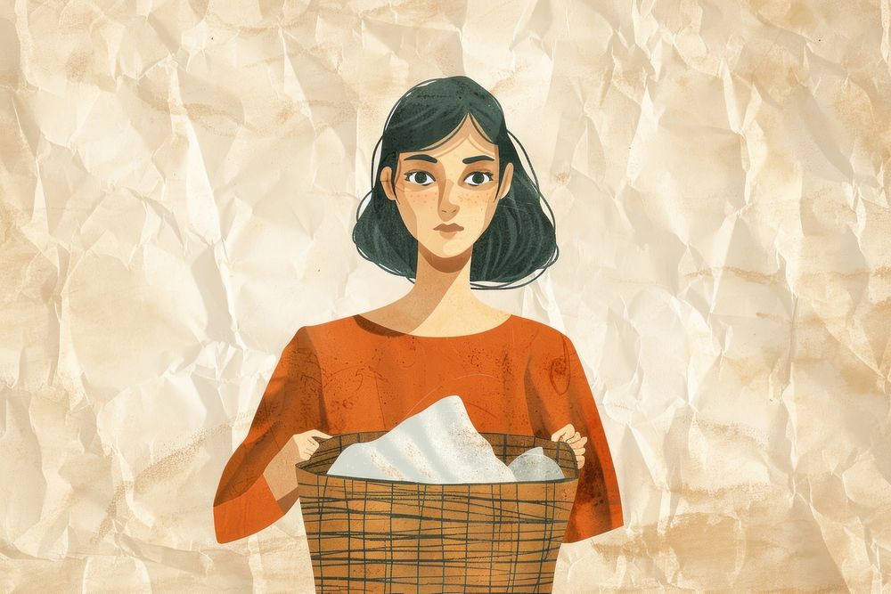 Woman holding laundry basket photography illustrated painting.