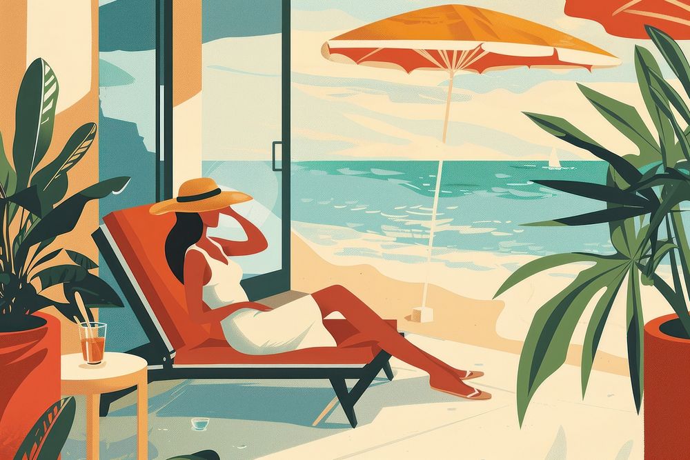 Woman in hotel sunbathing painting summer.