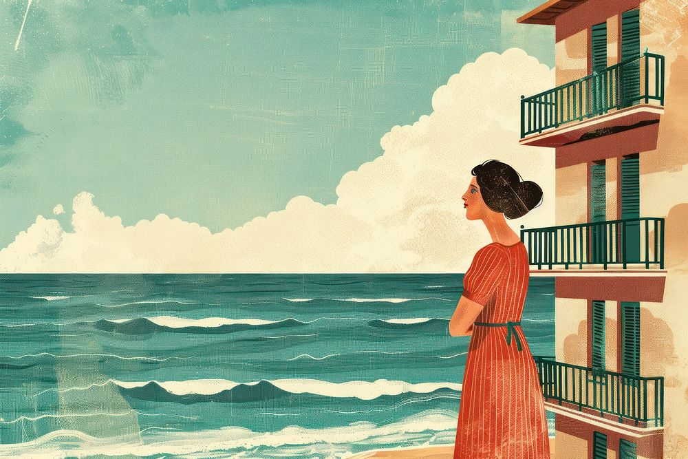 A woman in hotel beach architecture shoreline.