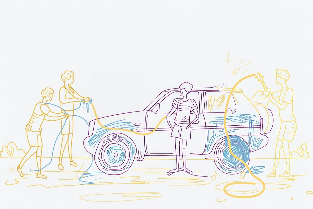 People washing car transportation illustrated automobile.