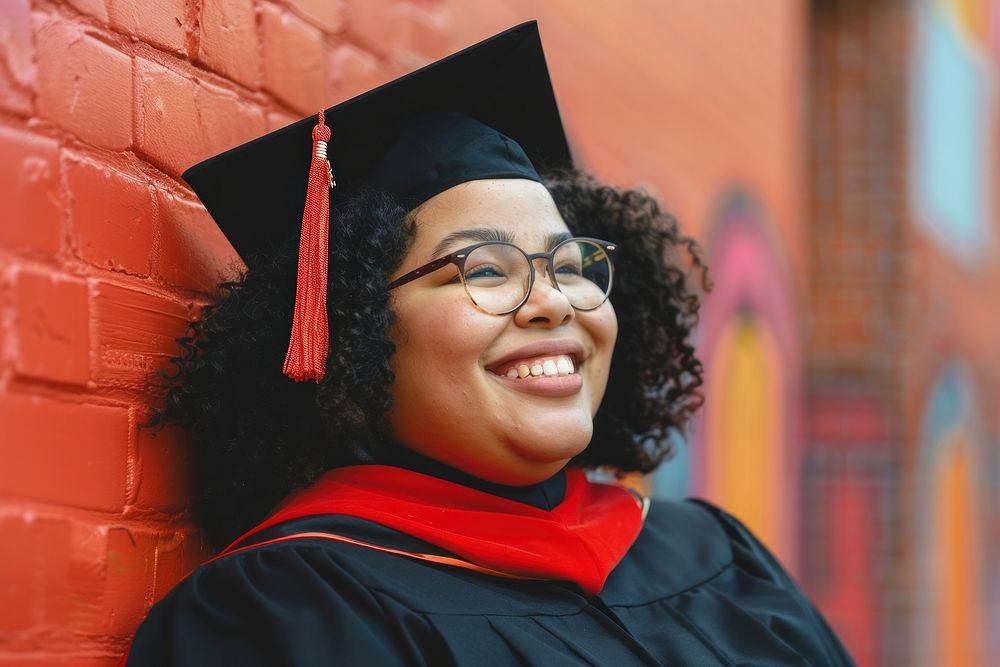 A plus size woman in graduation costume student people person.