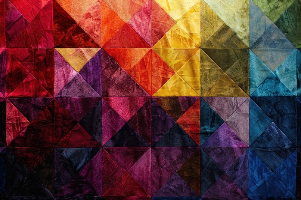Rainbow traingle pattern patchwork purple quilt.